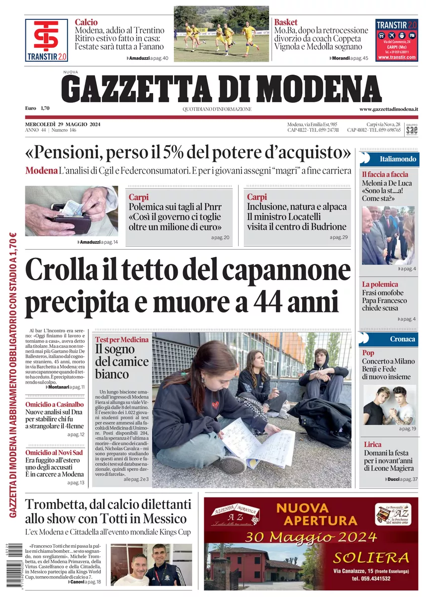 Prima-pagina-gazzetta di modena-oggi-edizione-del-2024-05-29